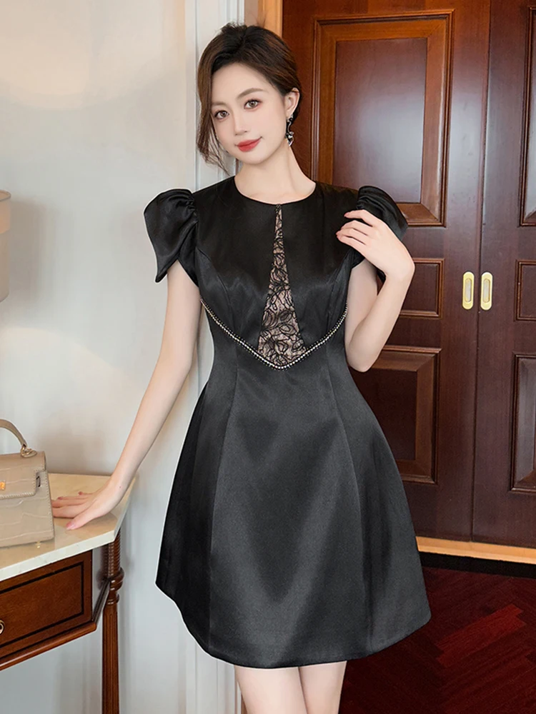 Elegant Black Satin Lace O-Neck Gown Evening Dress Women Clothes Puff Sleeve Slim Short A-Line Party  Birthday Vestidos Fiesta