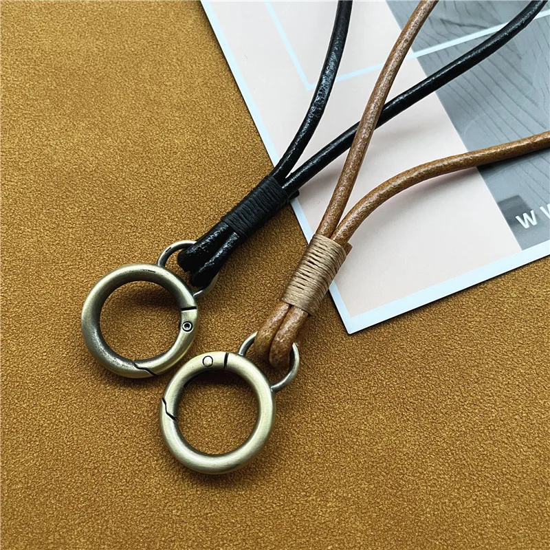 Keychain Lanyard Genuine Leather Cord for Keys Strap Bronze Color Rope Key Chain Metal Keyring Accessories Premium Wrist Strap