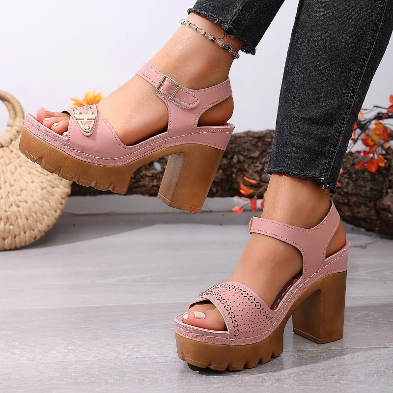 

Women's Chunky Heel Sandals Adjustable Buckle Strap Plus Size Shoes Solid Color One Line Fashion Sandals for Women Summer 2026