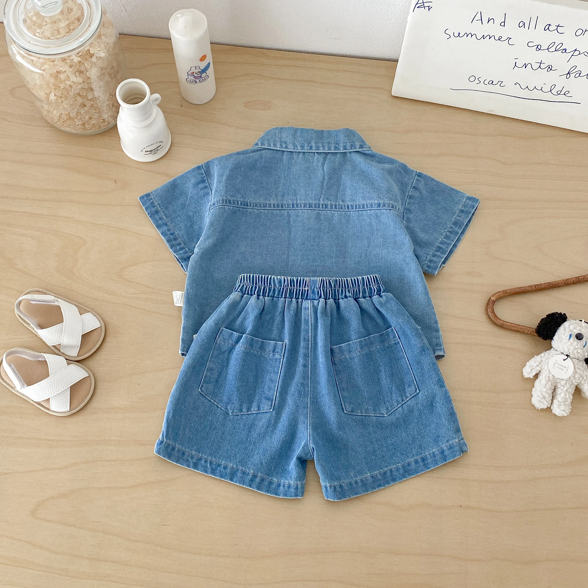 Boy and Girl Summer Stylish Denim Outfit-Baby with Front Collar Short-Sleeved Lightweight Shorts in Separate Two-Piece Set