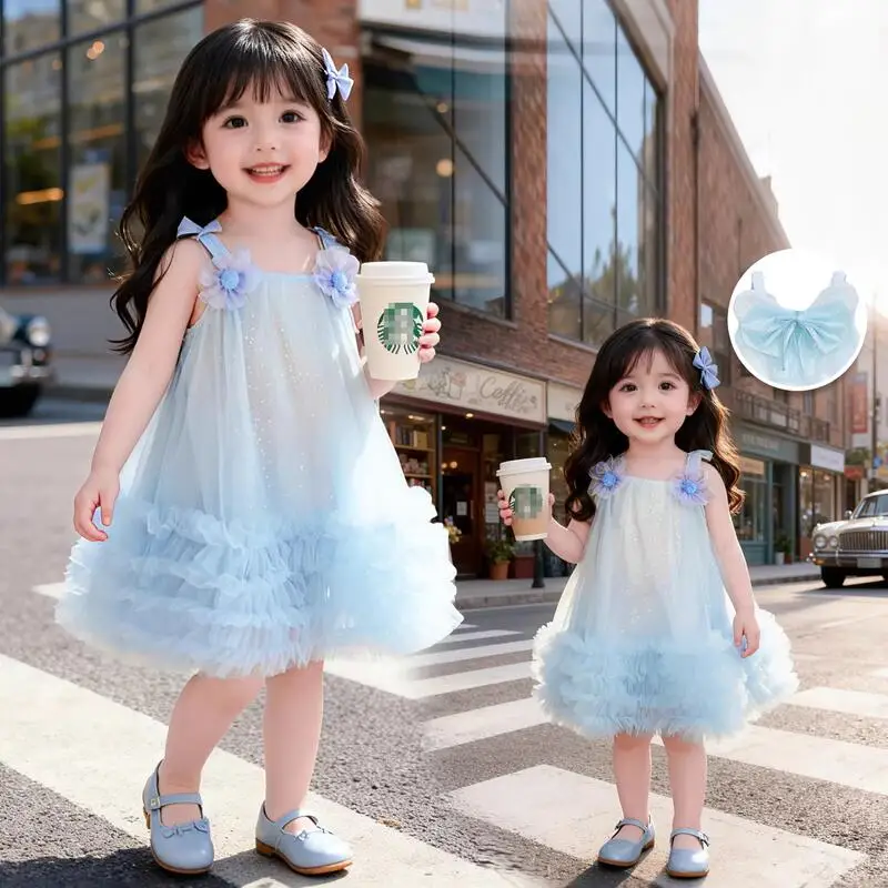 

Girls Suspender Mesh Dress Summer New Kawaii Girl Flower Bow Lolita Skirt Children's Princess Dress Skirt Fashionable Tutu Skirt