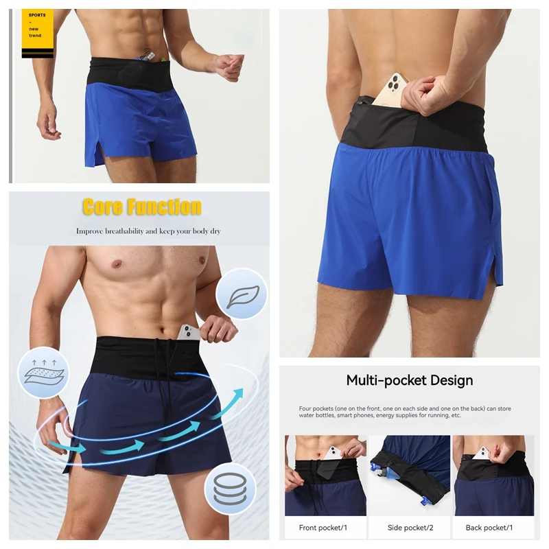 Travel Trekking Camping Hiking Sport Shorts Men 2 In 1 Quick Dry Training Fitness Multi-Pocket Marathon Shorts with Waist Pouch