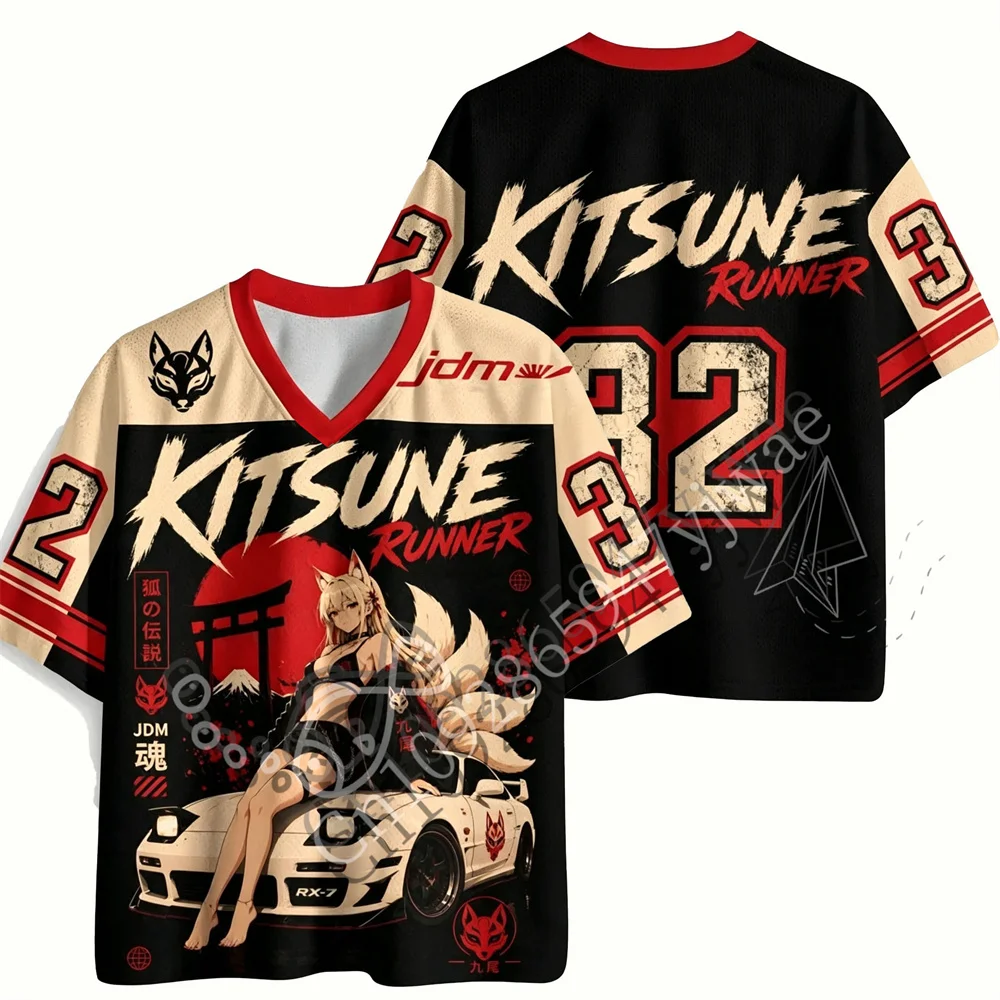 Kitsune Runner Motorrad-Style Jersey Japanische Kultur Shirt V-Ausschnitt Mode Y2K Top Retro Punk T-Shirt Sommer Herren Damen T-Shirt – Detail 6