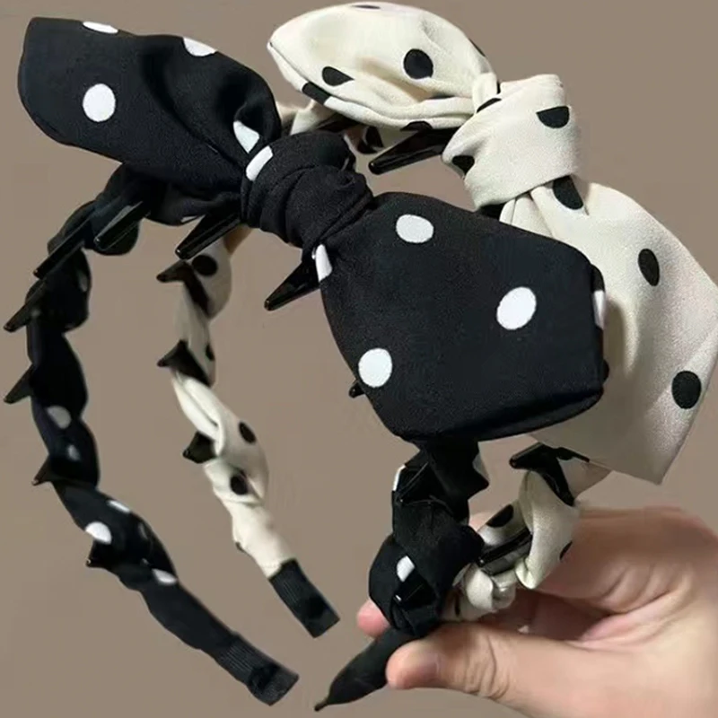 

Polka Dot Bow Rabbit Ear Tooth Comb Headband Fashion Non-slip Beige Black Daily Head Bands Girl Face Wash Make Up Hair Accessory