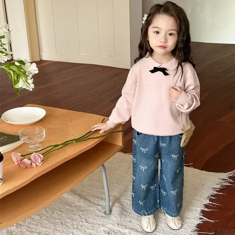 4626 Children Pant 2024 Autumn Winter New Korean Printed Bows Baby Girl's Jeans Straight Denim Pant