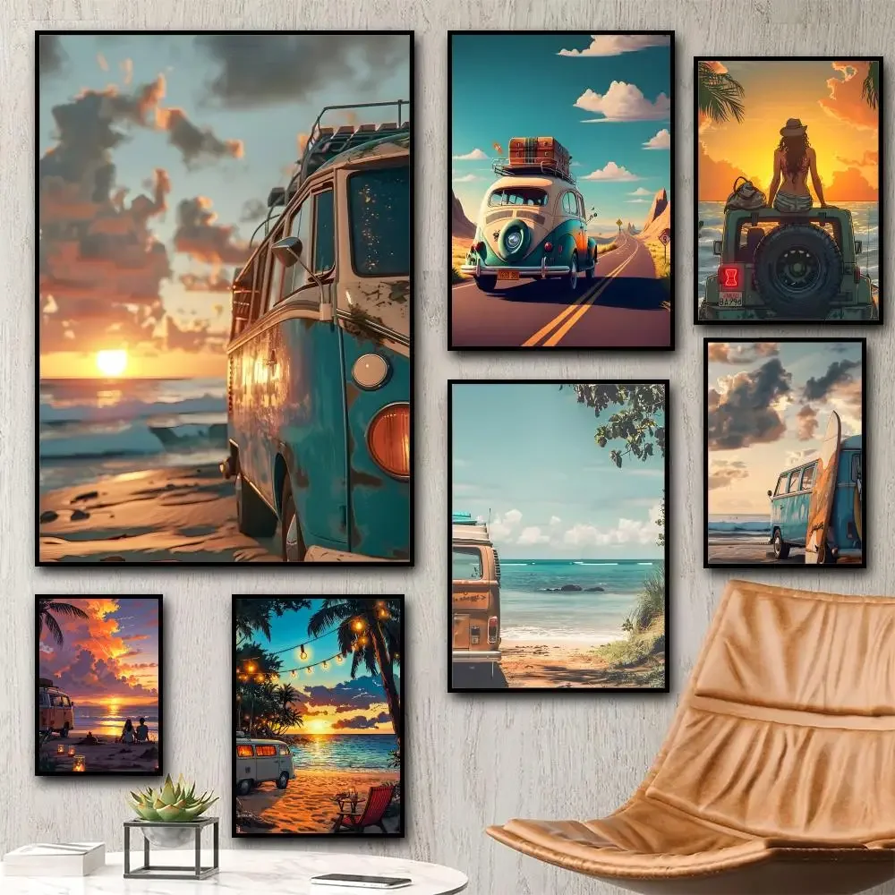 1pc frameless Combi Van Surf Calligraphy Diamond Poster: Crease Free Durable All Space Wall Decor
