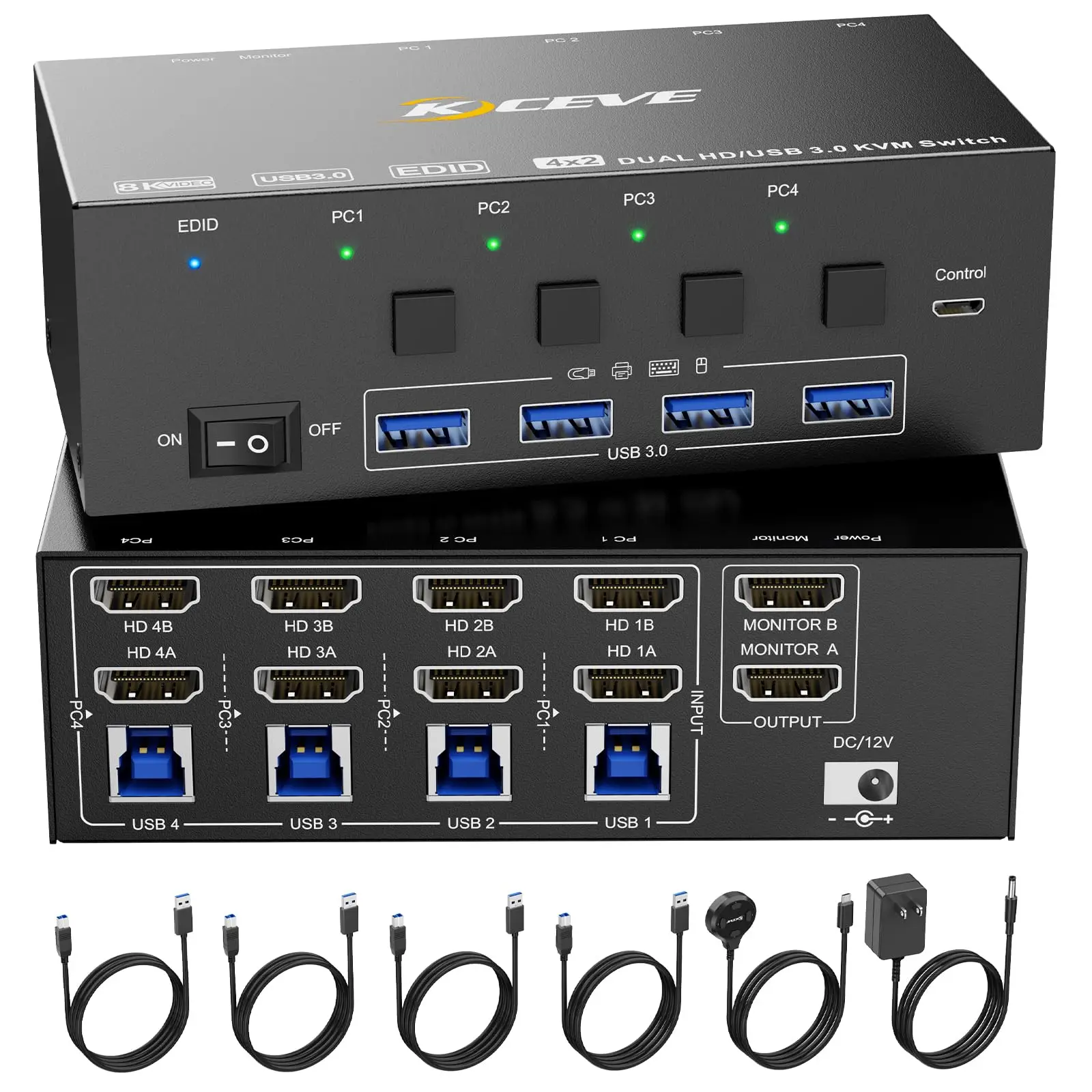 KVM Switch 2 Monitors 4 Computers HDMI, KCEVE 8K@60Hz 4K@144Hz USB 3.0 KVM Switcher Box with EDID Emulator for 4 PC 2 Monitors