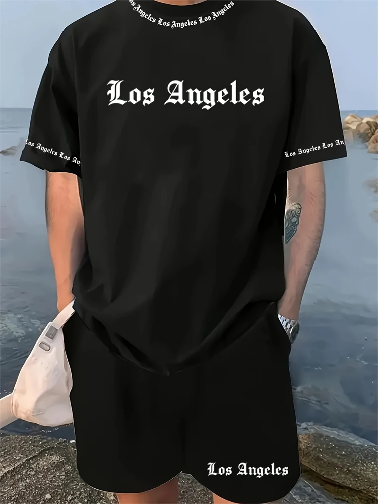 

Fashion Letter Printing Men's T-shirt Drawstring Shorts Two-piece Men's New Personalized Outdoor Sports Short-sleeved Shorts Set