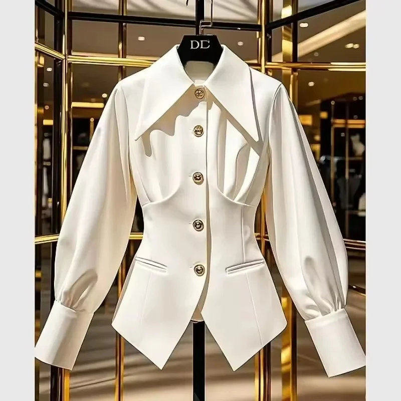 

France Design Long Pointed Collar Puff Sleeve Shirts 2025 New Formal Office Lady Slim Waist-cinching Blouse Button Up White Tops