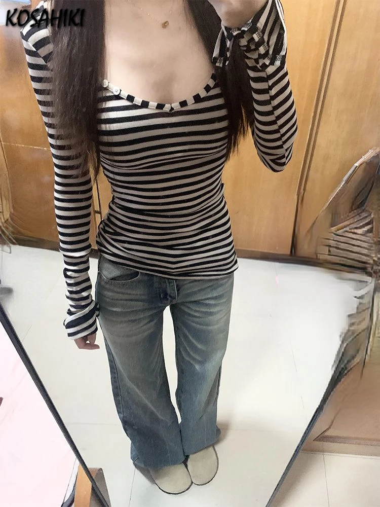 Y2k estetica strisce bottone top donna Harajuku Slim Fit Casual t-shirt Vintage Sexy manica lunga Split camicie Grunge E-girls