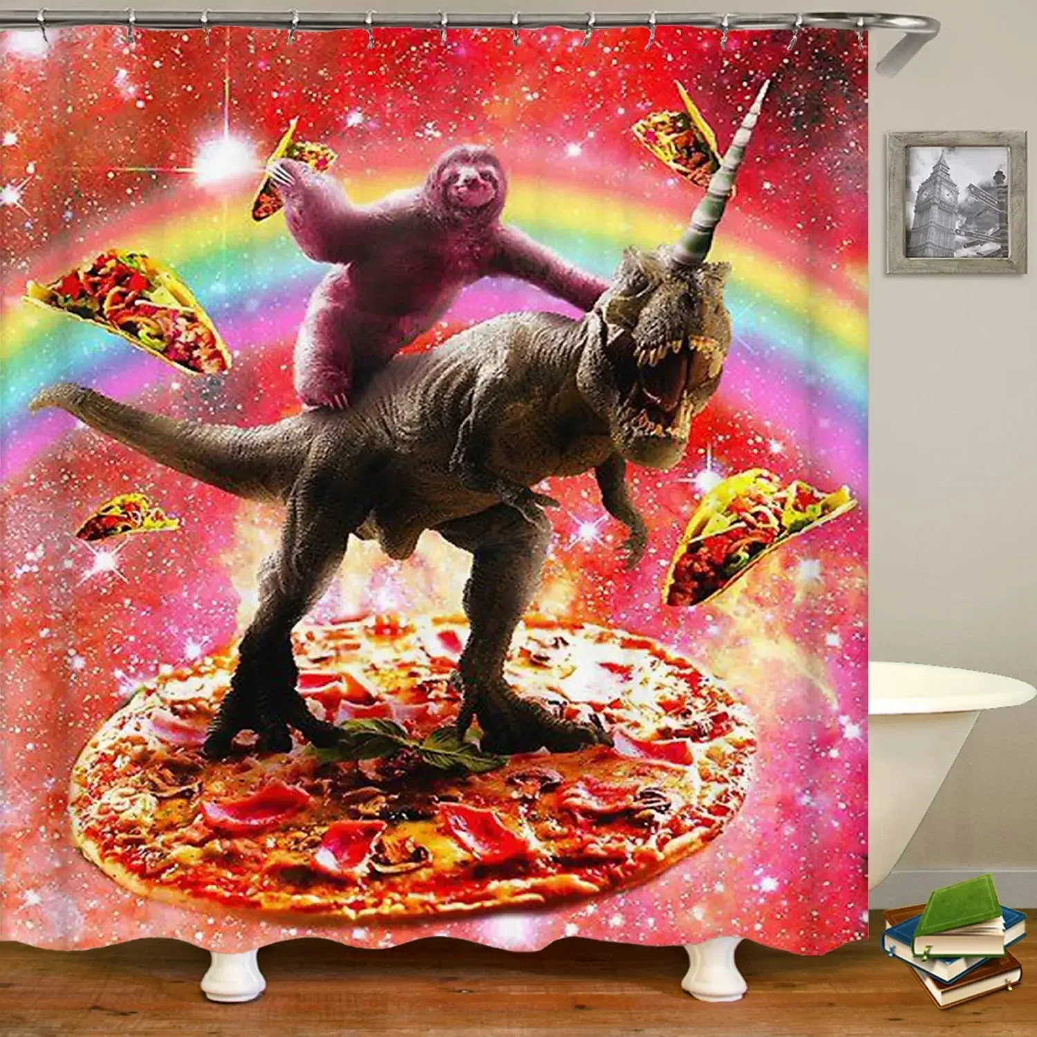 Funny Sloth Ride Dinosaur Unucorn and Pizza Shower Curtain,Waterproof Polyester Fabric