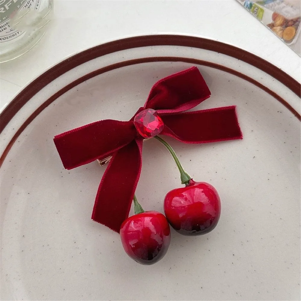 

Vintage Red Velvet Cherry Hairpin Cloth Side Clip Velvet Bow Hair Clip Korean Style Headwear Bowknot Girl