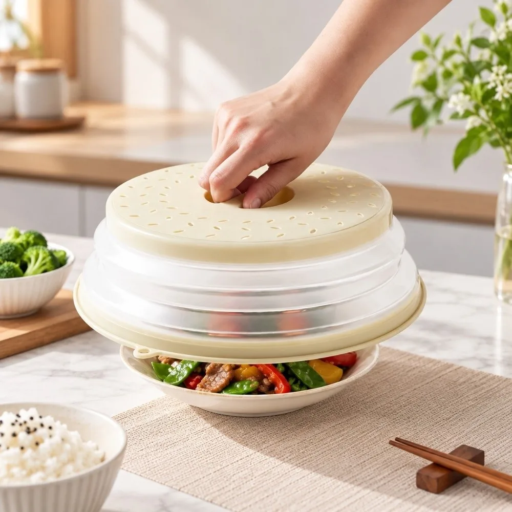 Oil-proof Microwave Splatter Cover with Steam Drain Foldable Drain Basket Splash-Proof Multi-Function Plate Cover Kitchen