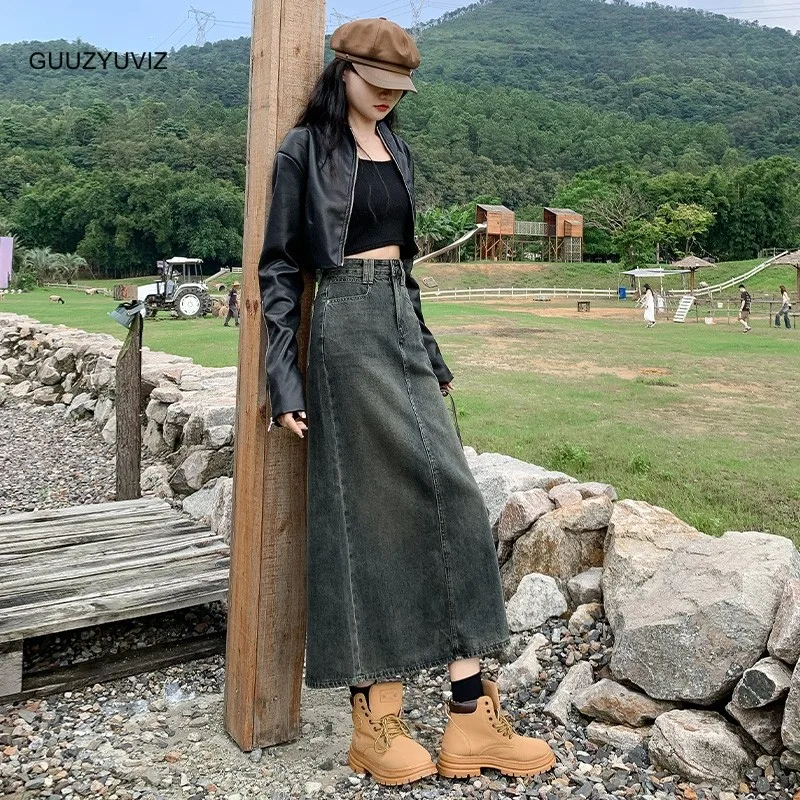 

GUUZYUVIZ High Waist Long Denim Skirt For Women With A-line Split And Versatile Crotch Cover Split Vintage Denim Skirts