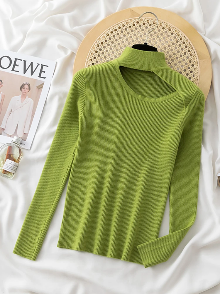 Skew Hollow-out Pullovers for Women Long Sleeve Half High Collar Knitted Sweater Female Korean Solid Jumper Pull Femme Sweaters