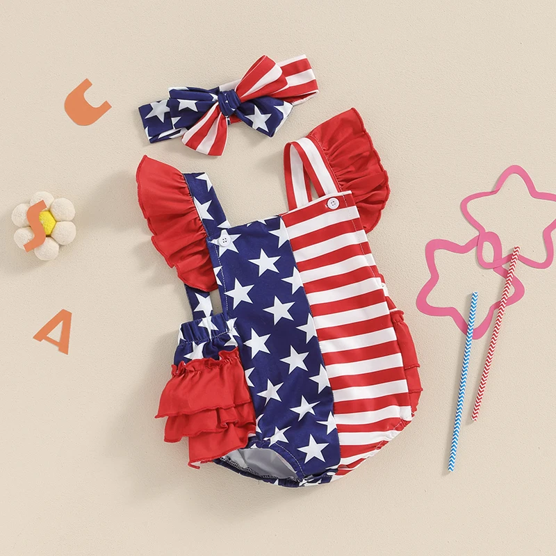 

Red White Blue Patriotic Sleeveless Romper with Bow Headband for Baby Girls 4th of July Celebration Outfit