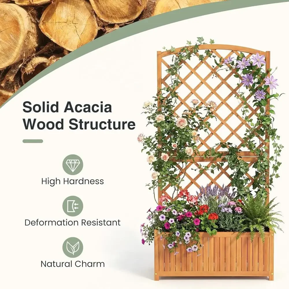 Raised Wooden Garden Bed with Trellis, 63 Tall Planter for Elevated Herbs and Climbing Plants, Ideal for Balcony and Patio.
