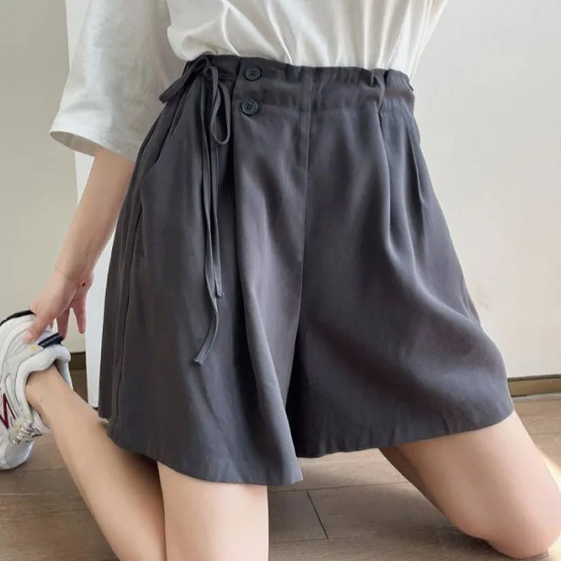 Summer Simplicity Fashion Short Sleeve Shorts 2023 Women's Clothing Lace Up Spliced Loose High Waist Solid Color Female Pants