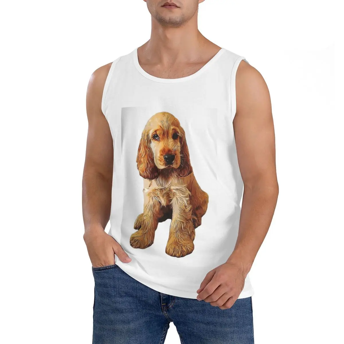100% Cotton Gold Cocker Spaniel Puppy Dog Sleeveless T-Shirt Men Workout Sports Clothing Tops Men's Crew Neck Vest