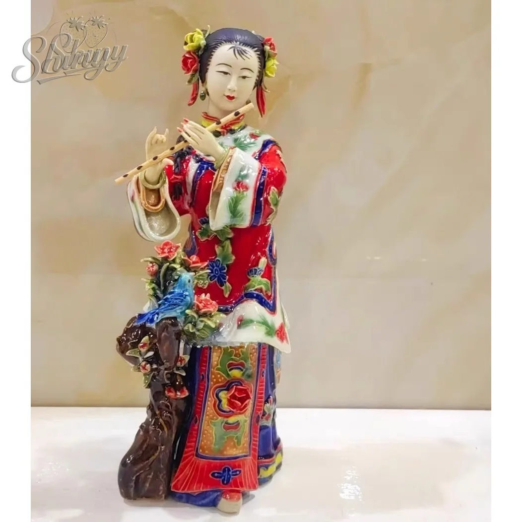 Shiwan Figurine Ceramic Flute-Playing Beauty Statue Handcrafted Decorative Item Home Desktop Ornament