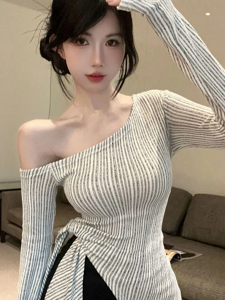 Women Irregular Design Niche Slant Collar Vertical Texture Long Sleeve Knit Sweater Autumn Korean Slim Fit Tie Top