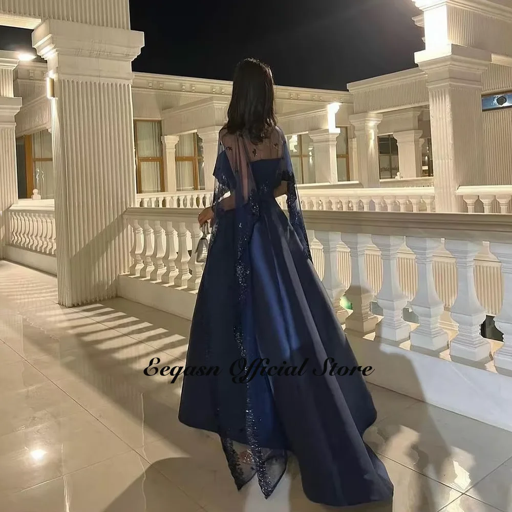 Navy Blue Satin Evening Dress Detachable Shawl Saudi Arabic A-line Long Prom Party Dresses Women Birthday Gowns Customized