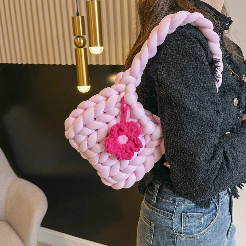 Fashion Knitting Bag Handbag With Short Handle Shoulder Bag For Women Handmade Woven Bag Female Woolen Rope Crochet Bag Boho