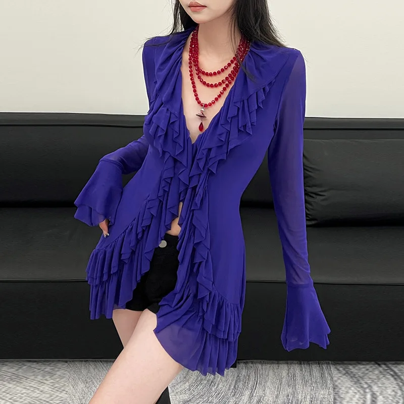 

Fashion High Street Design Style High-end Ruffled Layered V-neck Long-sleeved Breasted Cardigan T-shirt for Women