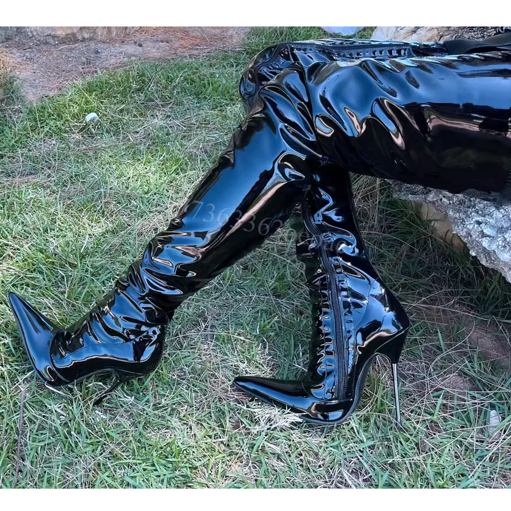 Siede Zipper Skintight Oberschenkel Hohe Stiefel Metall Dünne High Heel Schuh für Frauen Patent Leder Mode Schuh 2025, Zapatos Para Mujere