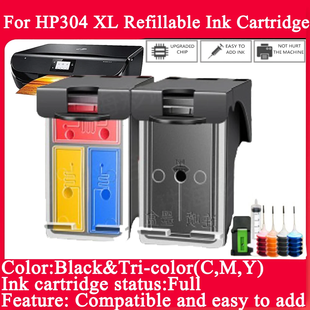 304 for HP304XL Refillable Ink Cartridge Full for HP Envy 5010 5020 5030 5032 5034 5052 5055 Deskjet 2620 2630 2632 Printers