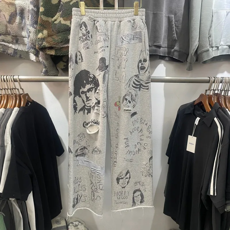 

Брюки прямого кроя из хлопка с ручной росписью в винтажном стиле, с высокой талией и эластичным поясом, молодежный уличный стиль
