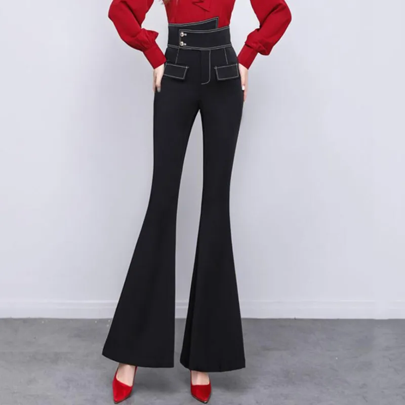 Fashion OL Flare Jeans Women 2022 New Spring Hight Waist Black Slim Trumpet Pants Elegant Office Ladies Long Tousers f60