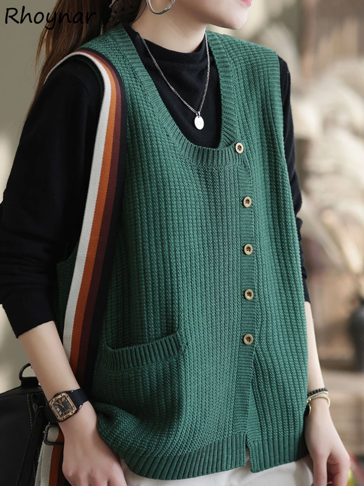 Sweater Vest Women Solid O-neck Vintage Loose Simple Sleeveless Spring Autumn Warm Casual Popular Hot Sale Knitted Streetwear