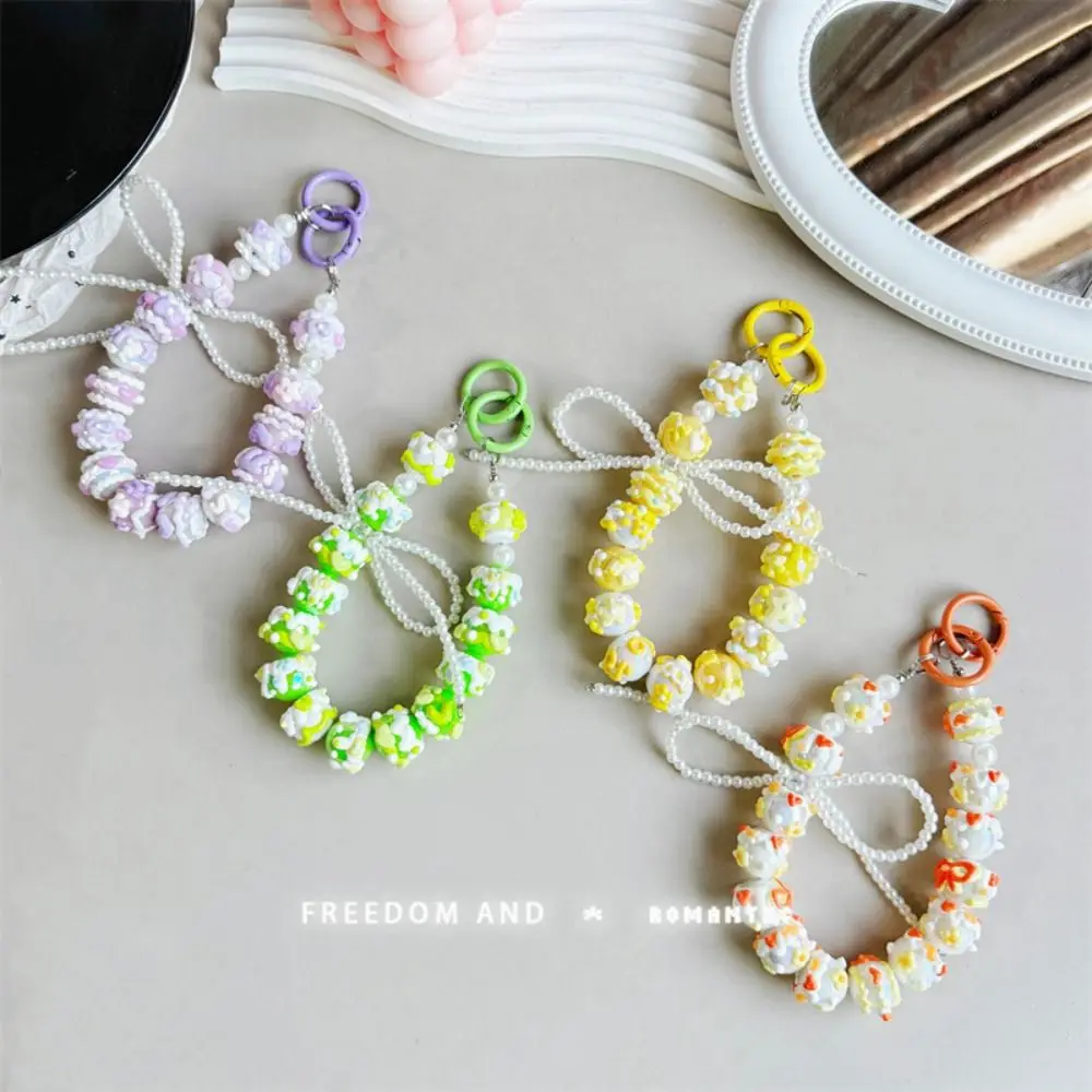 Cute Pearl Mobile Phone Strap Bowknot Beaded Phone Lanyard Hand-painted Colorful Phone Charm Rope