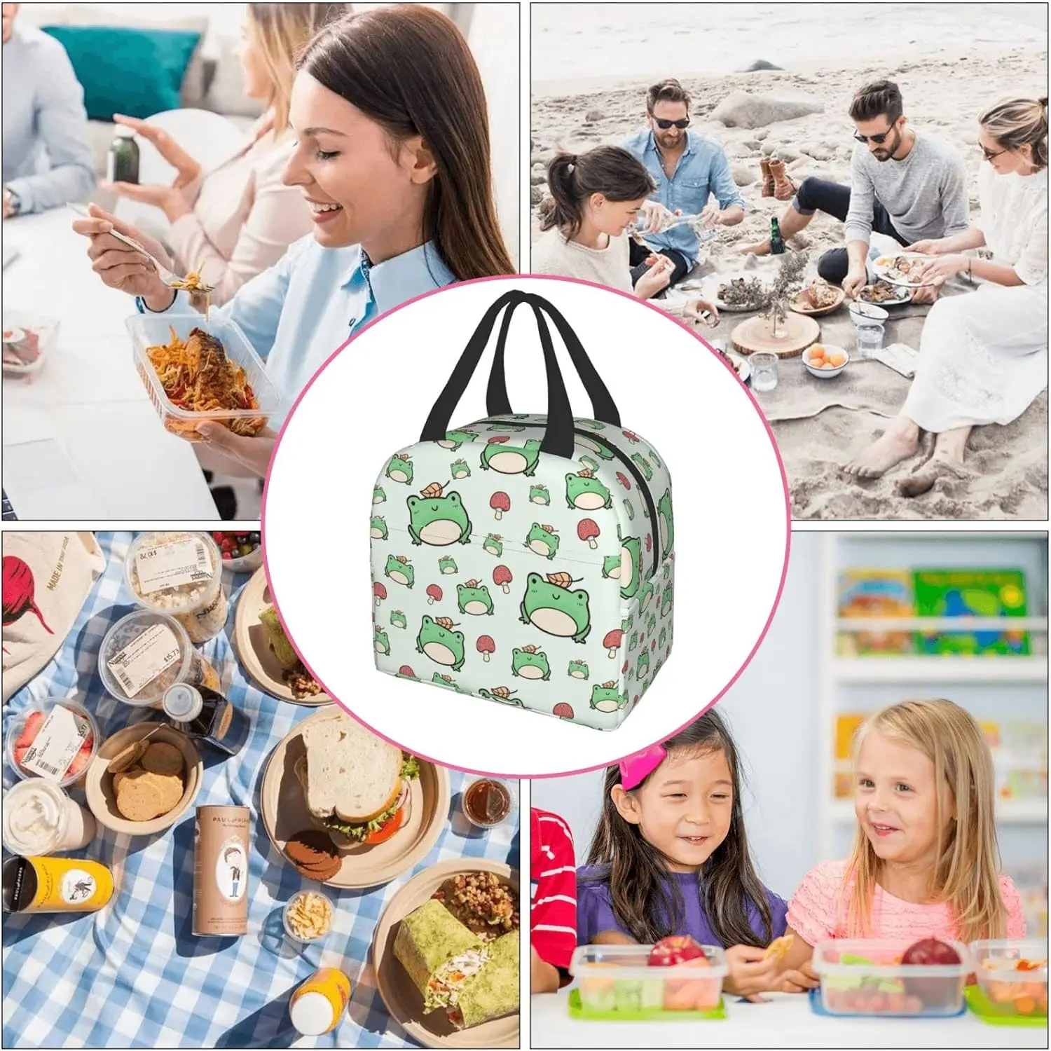 Fiambrera reutilizable con aislamiento de rana y seta verde para mujer, bolsa de almuerzo con aislamiento térmico, contenedor de mano, Picnic, trabajo, compras