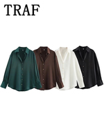 TRAF Brown Satin Shirt Women Casual Loose Blouse Woman Tops Streetwear Long Sleeve Button Elegant Shirts And Blouses Women Tops