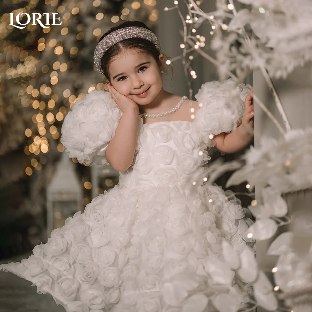 

LORIE Girl Peony 3D Flowers Lace Back A-Line Straight Tutu Puff 3D Tulle Party Flower Girl Dress Csustomized Flowers Girls Dress