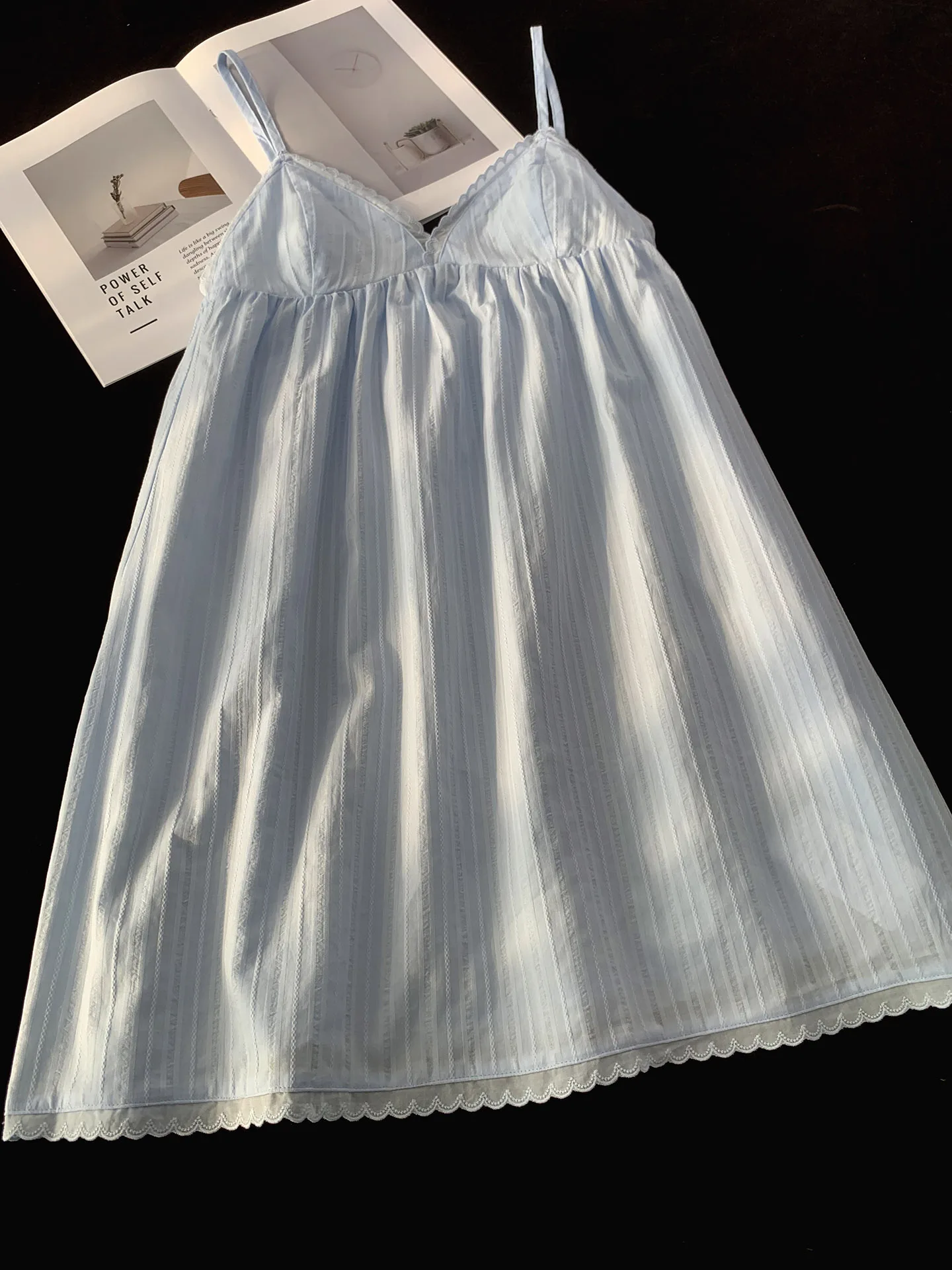 pure-cotton-strap-v-ne-women's-spwear-ort-dr-pad-bra-home-clothes-k-stripes-four-seasons-universal-nightgown