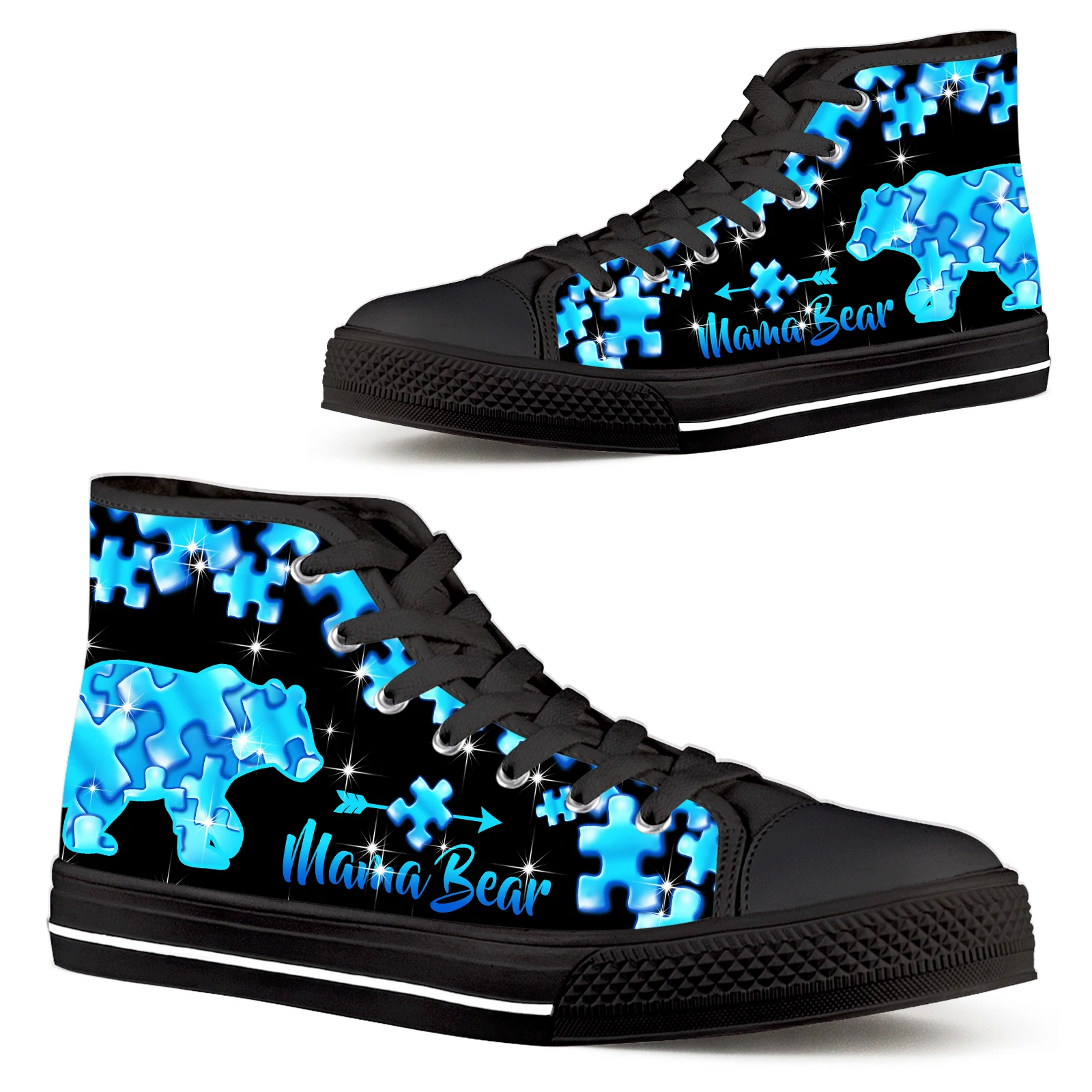 

ELVISWORDS Autism Awareness Blue Puzzle Mama Bear Women's Shoes Black Lace Up Youth Casual High Top Outdoor Sneakers Bear Shoes