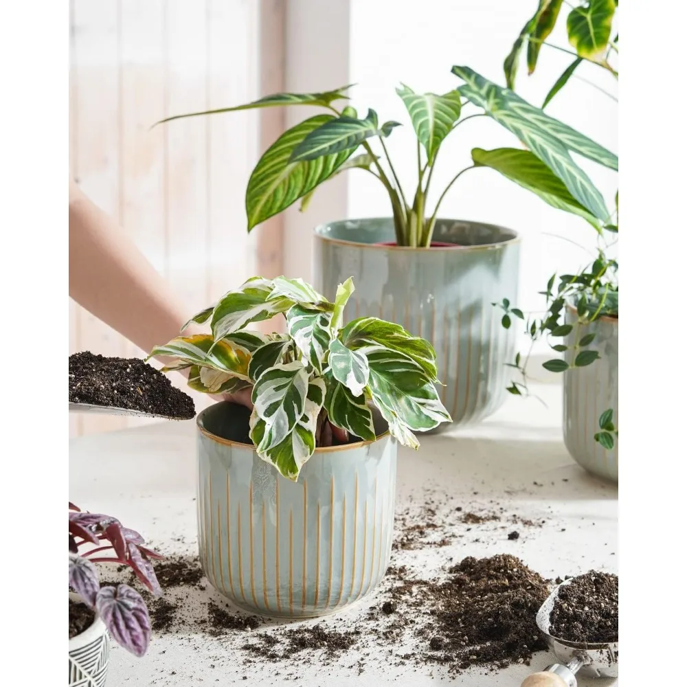 

Fluted Ceramic Planters Set of 3 - Blue Gray Reactive Cylinder Indoor Plant Pots with Drainage System for Succulents Herbs