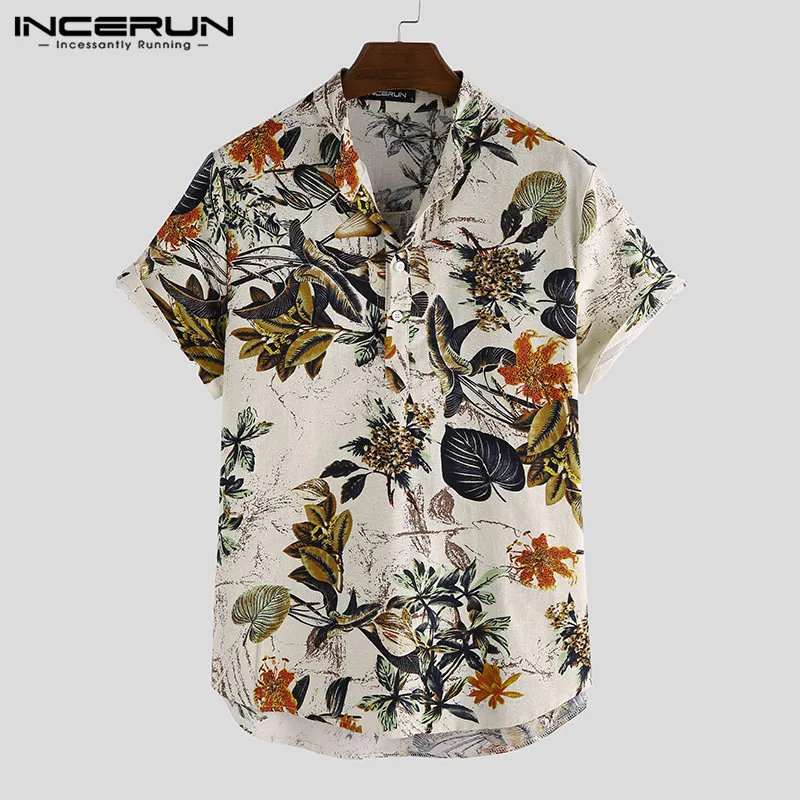 INCERUN Men Hawaiian Shirt Printing Short Sleeve Vacation Stand Collar 2024 Men Clothing Streetwear Cotton Casual Shirts S-3XL