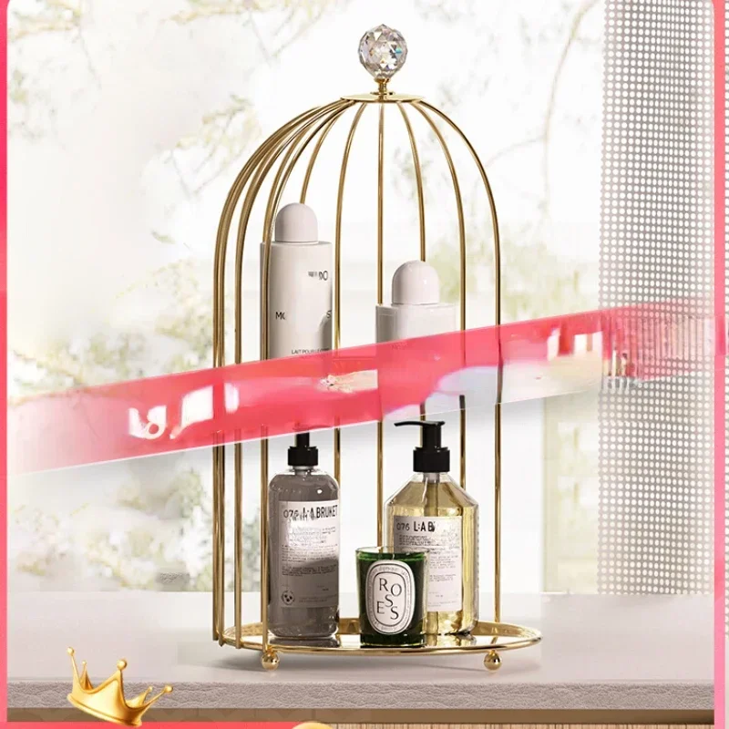 Perforation-free bathroom shelf cosmetic birdcage shell rotating tray