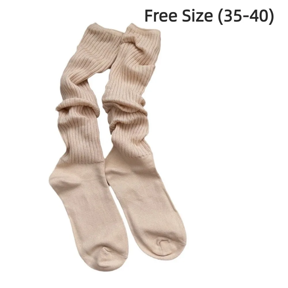 ถุงเท้าผู้หญิงผ้าฝ้ายลำลอง ถุงเท้ายาวถึงเข่า อุ่นสบายสำหรับฤดูใบไม้ร่วงและฤดูหนาว สีพื้น เนื้อนุ่ม ถุงเท้ายาวถึงต้นขา