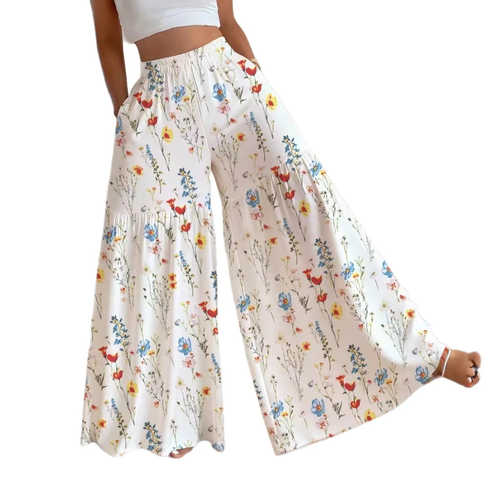 Loose Fit Pants Full Length Fresh with Sweet Fresh Elastic Waist Regular Thickness Sweet Slight Stretch Spring Women Pants