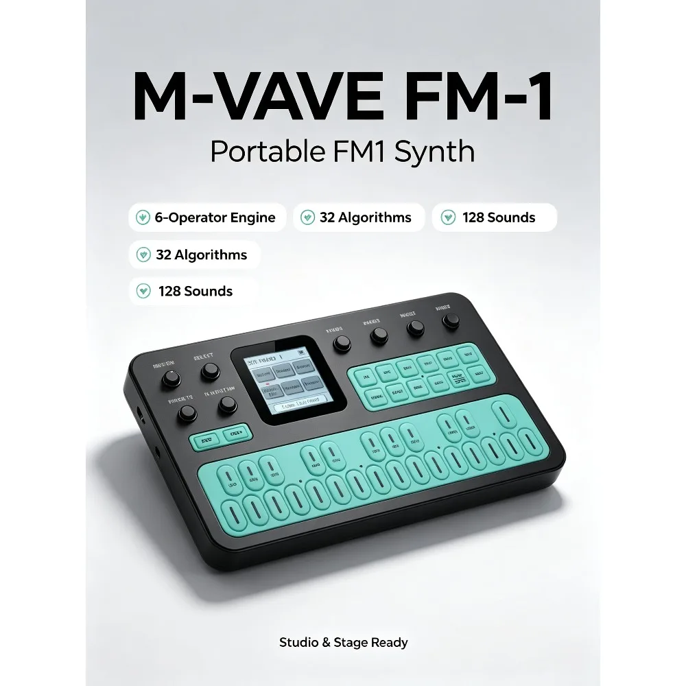 M-VAVE FM-1 6-Op FM Synth,32 Alg,128 Presets,TFT,3-Ch MIDI(USB/BT/3.5mm),6 FX,Arp,SEQ,Speaker,12H Batt