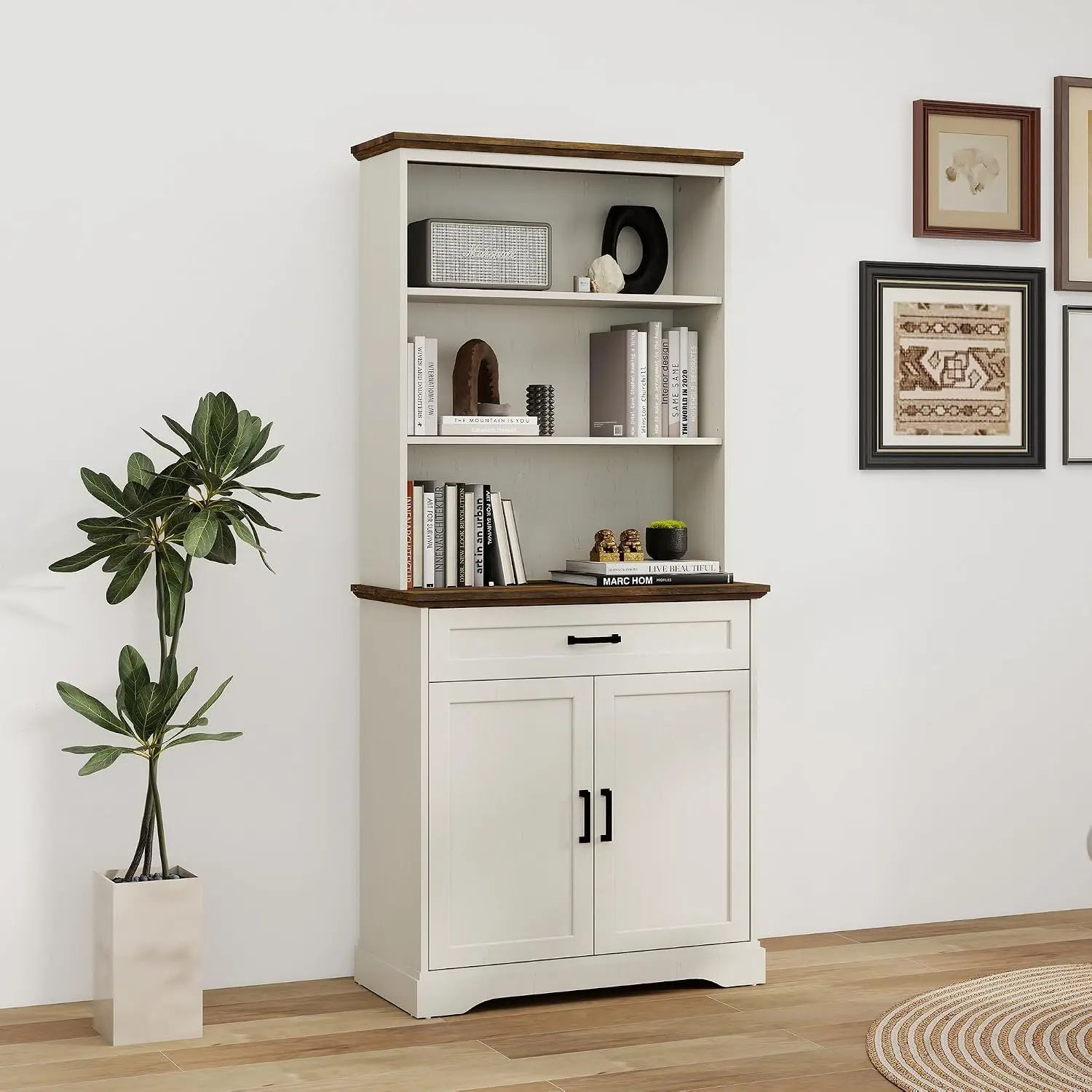 White 5-Shelf Bookcase with Drawers & Doors, Adjustable Multi Depth Storage Cabinet for Home Office & Living Room, Customized