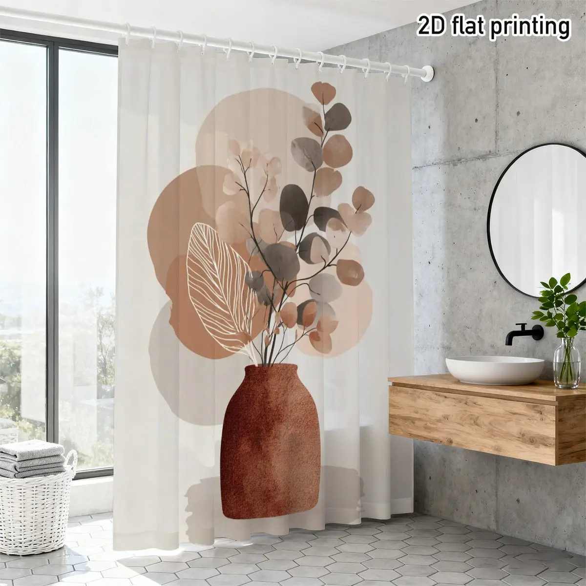 Minimalist Botanical Shower Curtain Abstract Eucalyptus Leaves Earth Tones Neutral Bathroom Decor Original Art