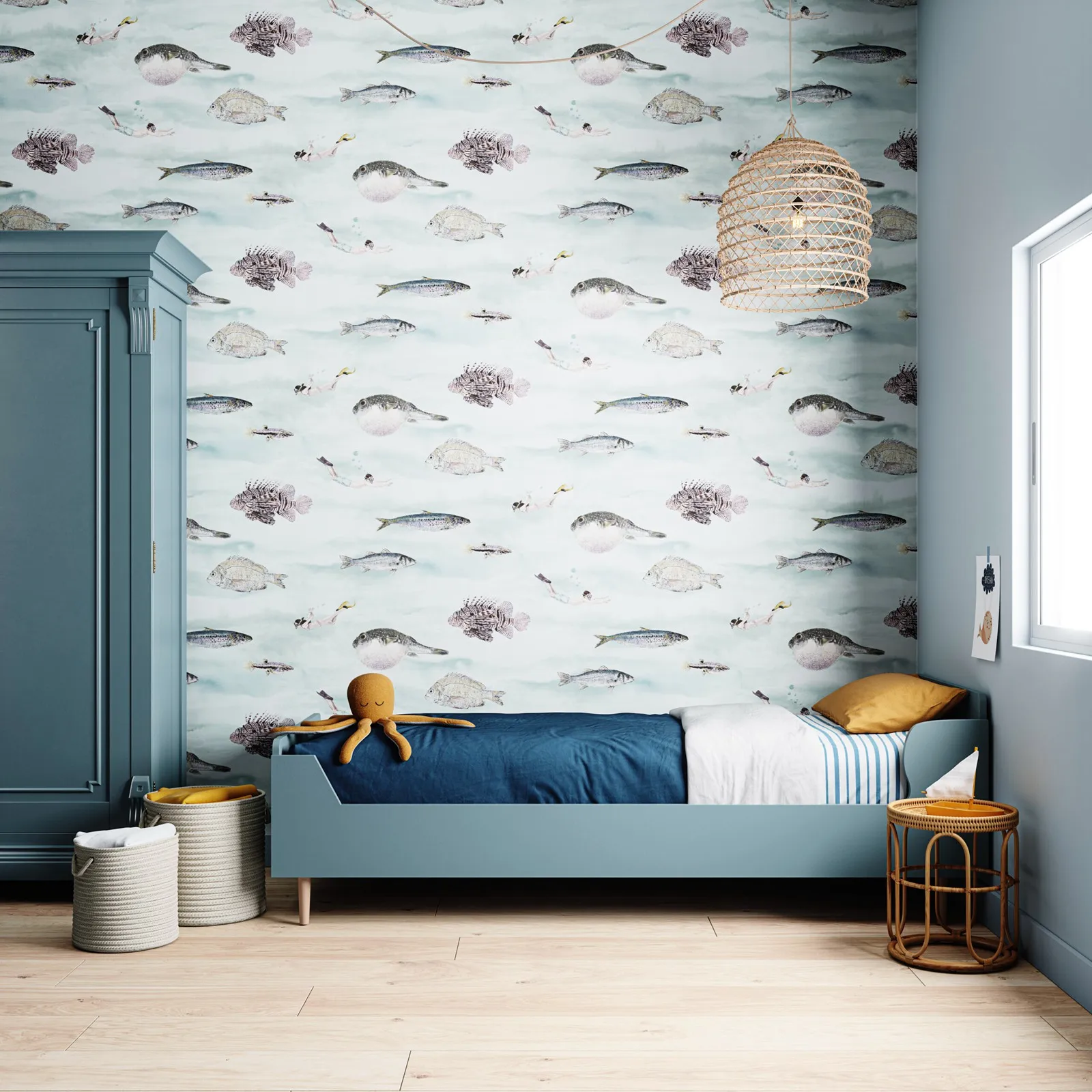 

Blue Fish Wallpaper Mural Nursery, Sea Fish Non-woven Wall Paper Peel and Stick,Removable and Self adhesive Wallpaper For Kids