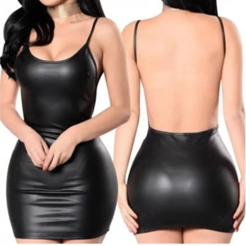 

2025 Sexy Faux Leather Dress Backless Club Party Short Dress Solid Black Wet Look Latex Bodycon Push Up Bra Mini Dress