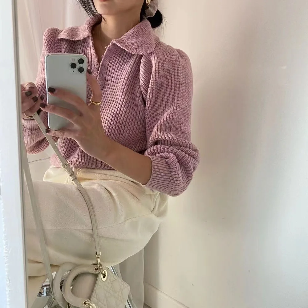 

Chic Vintage Collared Bubble Sve Knit Sweater Women Slimming Agel Overhead Polyester Fiber Regular Fit Online Exclusive